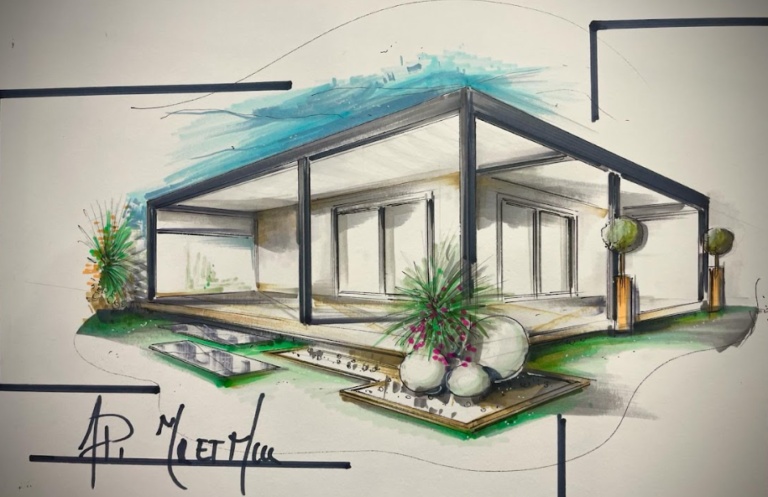 Dessin de notre architecte pour la réalisation d'une pergola bioclimatique